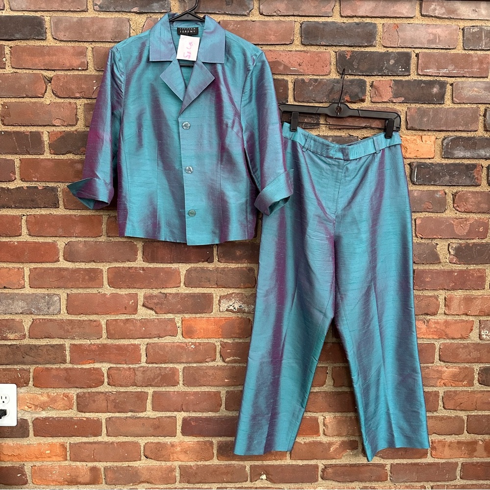 SPENSER JEREMY Raw Silk Pantsuit Teal Blue